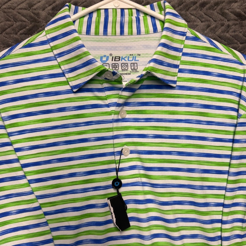 IBKUL Golf Polo Shirt Blue Green Striped UPF 50+ Vardon Golf Club Large (1537)